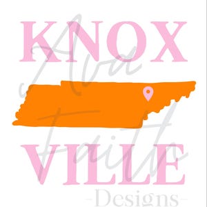May include: Pink text reads "Knoxville - Designs" with an orange outline of the state of Tennessee with a pink pin marking the location of Knoxville.