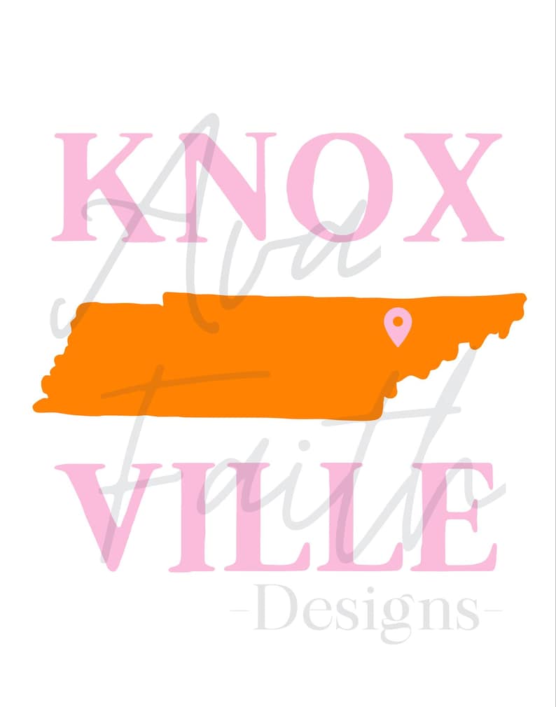 May include: Pink text reads "Knoxville - Designs" with an orange outline of the state of Tennessee with a pink pin marking the location of Knoxville.