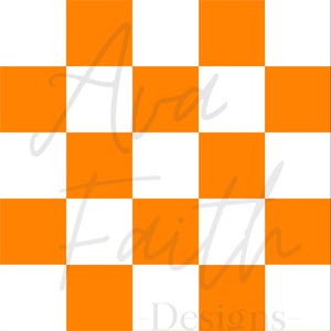 May include: Orange and white checkered pattern. The pattern is a repeating pattern of squares. The squares are alternating orange and white.