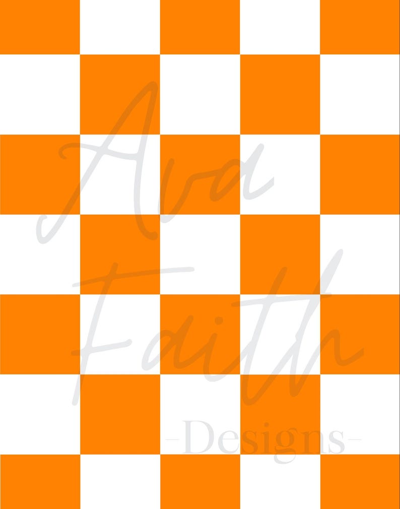 May include: Orange and white checkered pattern. The pattern is a repeating pattern of squares. The squares are alternating orange and white.