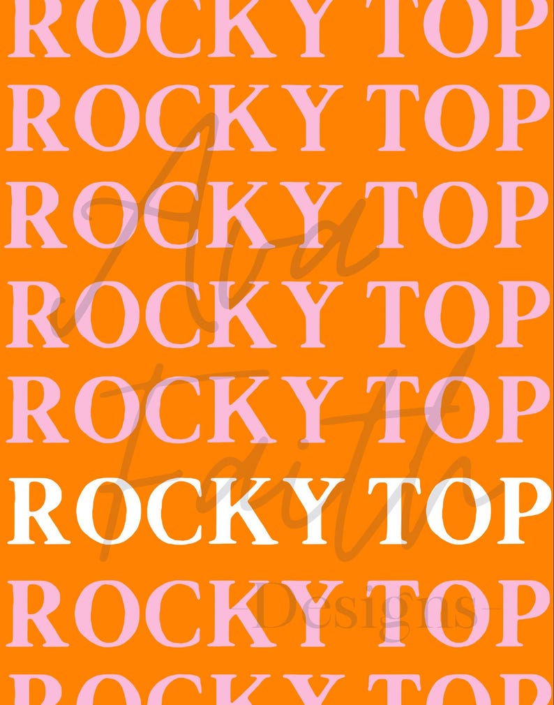May include: A repeating pattern of the text "ROCKY TOP" in pink and white letters on an orange background.
