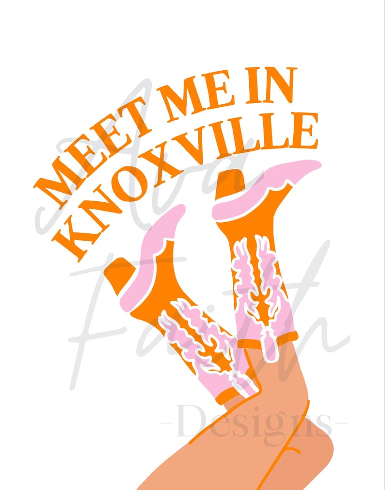 May include: Orange and pink cowboy boots with the text "Meet Me In Knoxville" in orange letters.