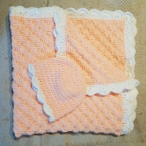 Large Peach & White Boarder Crochet Baby Blanket. Great Use For Car Seat Stroller Crib Nursing Privacy Play Time. Baby Shower Gift 33inx33in