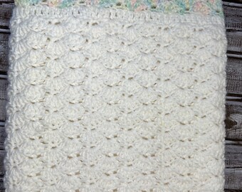 White Crochet Baby Blanket with Variegated Boarder. 33inx30.5in