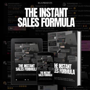 Pode incluir: Uma colagem de capturas de tela de mídia social mostrando pessoas compartilhando suas experiências positivas com "The Instant Sales Formula". A fórmula é um guia plug-and-play para fazer vendas diárias instantâneas com produtos digitais. As capturas de tela mostram a fórmula sendo usada em um laptop, tablet e smartphone.