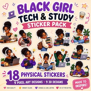 May include: A sticker pack titled Black Girl Tech & Study featuring 18 physical stickers with 9 pixel art and 9 3D designs. The stickers depict a Black girl with curly hair and glasses engaged in various tech and study activities with books and laptops.