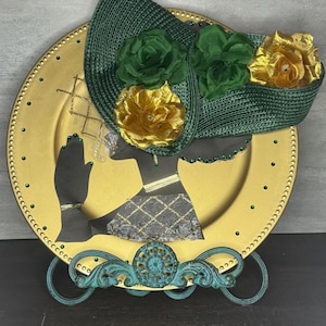 Handmade Green & Gold Diva Charger Plate: Praying Hands Decorative Art