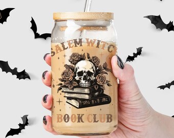 Salem Witch Book Club Glass Can 16oz con tapa y paja libro amante regalo Halloween café helado vidrio espeluznante lector regalo libro club regalos
