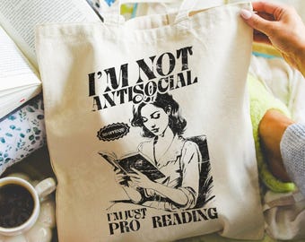 Bolsa de mano divertida para amantes de los libros. No soy antisocial, solo soy prolectura. Regalo de estilo vintage para lectores introvertidos. Bolsa de lona para biblioteca.