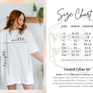 May include: A white t-shirt with a size chart and the text "Size Chart." The chart lists sizes S to 4XL with width and length measurements in inches. The shirt is made of 100% ringspun cotton and features a ribbed collar.