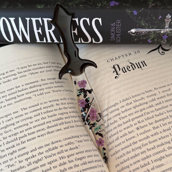Powerless Inspired Dagger Bookmark Resin Knife Bookmark with Florals Bookish Gift for Fantasy Readers Book Lover Gift Bookshelf Decor Merch