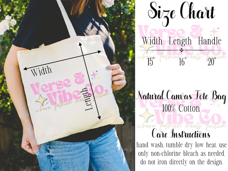May include: A natural canvas tote bag with the text "Verse & Vibe Co. where fashion meets fiction" in pink and gold lettering. The bag is 15 inches wide, 16 inches long, and has a 20 inch handle. The bag is made of 100% cotton and is machine washable.
