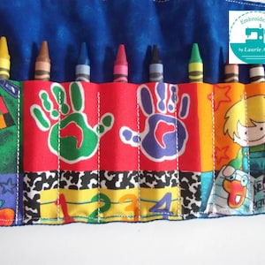 Handmade embroidered fabric crayon Holder, Travel Art Supplies, Holds 12 Crayons