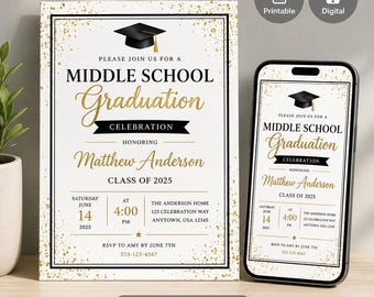 Middle School Graduation Invitation Template, 8th Grade Grad Evite (Digital Download)