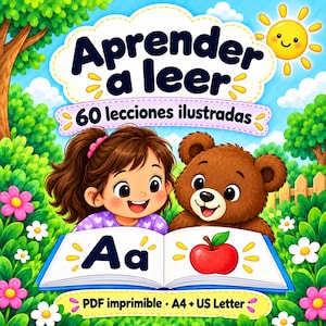 Peut inclure: Une couverture de livre éducatif numérique intitulée Aprender a leer 60 lecciones ilustradas montrant une fille et un ours brun lisant un livre ouvert avec la lettre Aa et une pomme rouge. Le texte inclut PDF imprimible A4 + US Letter.