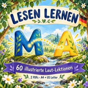 May include: A digital educational resource titled LESEN LERNEN featuring a blue letter M and a yellow letter A with leaf patterns. A dotted line connects the letters. The text 60 illustrierte Laut-Lektionen and 2 PDFs A4 + US Letter is included.