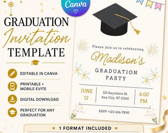 Editable Graduation Invitation Template, Middle School Grad Party Evite (Digital Download)