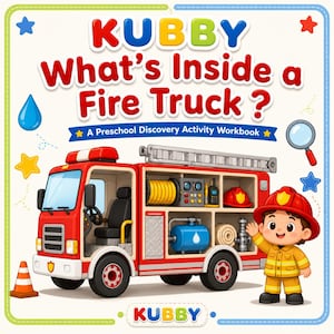 Könnte beinhalten: Ein Kinder-Aktivitätsbuch mit dem Titel "What's Inside a Fire Truck?" zeigt eine Illustration eines roten Feuerwehrautos mit einem winkenden Feuerwehrmann. Das Cover enthält das Wort "KUBBY" und andere dekorative Elemente.