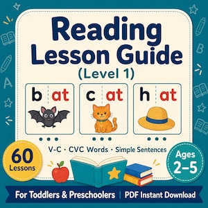 May include: A reading lesson guide for toddlers and preschoolers. The guide features the words "bat", "cat", and "hat" with corresponding illustrations of a bat, cat, and hat. The guide is for ages 2-5 and includes 60 lessons.