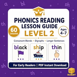 May include: A Phonics Reading Lesson Guide Level 2 educational card with a gold graduation cap icon. It features 60 lessons for ages 4-7, covering consonant blends, digraphs, and longer sentences. Includes examples for black, ship, and thin.