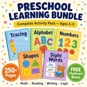 May include: A preschool learning bundle with colorful covers for tracing, alphabet, numbers, shapes, and sight words. The bundle includes over 250 pages of activities for ages 3-5, with a free flashcard bonus. The books feature illustrations of a pencil, apple, and bear.