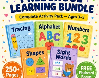 Preschool Learning Bundle | Ages 3-5 Tracing ABC Numbers Shapes Sight Words (Digital Download)
