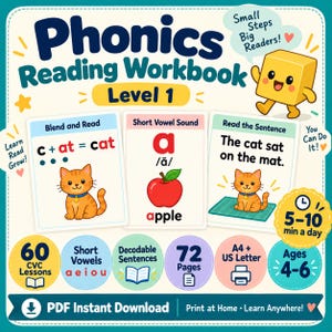May include: A Phonics Reading Workbook Level 1 with 60 CVC lessons, 72 pages, and printable A4 or US Letter formats. The cover features a yellow block character, a cat, an apple, and the text: The cat sat on the mat. Designed for ages 4-6.
