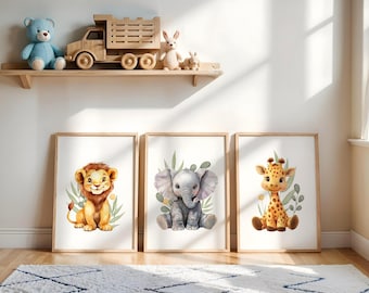 Safari Nursery Wall Art Set of 3 Prints | Baby Animal Prints for Nursery | Lion, Elephant & Giraffe Safari Décor | Jungle Theme Baby Room