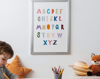 Bunter Alphabet Druck | Kunst fürs Kinderzimmer | Lehrreiche A bis Z-Druck | Spielzimmer Dekoration | Baby Geschenk | A4 & A3 Größen