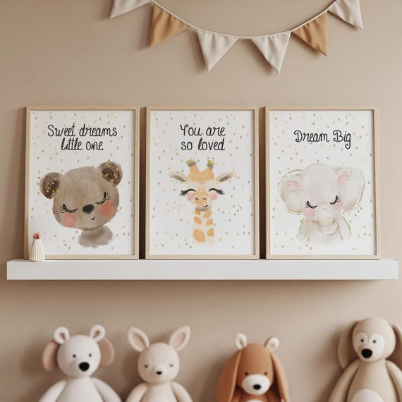 Safari Nursery Wall Art Set Bear Giraffe Elephant Prints Dream - Main Image