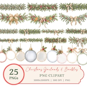 Christmas PNG Bundle, 25 Boho Garland and Bauble Clipart, Rustic Pine Ribbon Ornament, Gift Tags, Cards, Junk Journal, Stickers, Sublimation