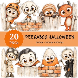 May include: A digital collection of 20 Halloween-themed PNG illustrations featuring cartoon characters like a cat in a pumpkin suit, a skeleton, a spider, a devil, a scientist, a vampire, candy corn, and a reaper, all peeking over wooden fences.