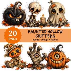 May include: A digital collection of 20 Haunted Hollow Critters PNGs featuring illustrations of a black pumpkin, a skeleton, a ghost, a scarecrow, a mummy hand, and an orange pumpkin, with text reading 20 PNGs and Haunted Hollow Critters.