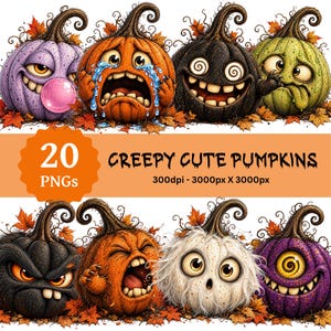 May include: A digital collection of 20 PNG files featuring illustrations of pumpkins with various expressions and colours, including purple, orange, black, green, and white, surrounded by autumn leaves, with text reading 20 CREEPY CUTE PUMPKINS.
