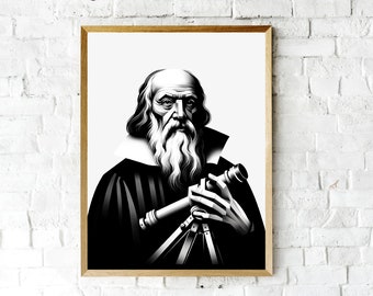 Galileo Portrait in Black and White. Digital Art Download.