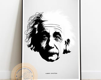 Albert Einstein Minimalist Portrait – Black and White Digital Art Print – Inspirational Science Wall Art – Physics Decor – Instant Download
