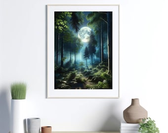 Forest Moonlight - Full Moon in Forest Poster. Digital Art to Download