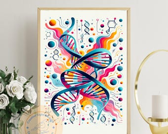 DNA Abstract Wall Art – Colorful Science Poster, Digital Biology Print, Modern Genetic Decor, STEM Art for Office or Classroom