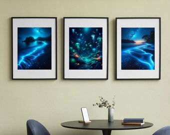 Oceanic Lights - 3 Posters  : Marine Bioluminescence Collection