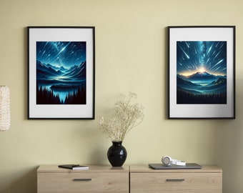 Celestial Rain - 2 Posters :  Meteor Shower and Mountains Collection. Digital Art to Download