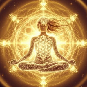 May include: A digital illustration of a person meditating in the lotus position, radiating golden light. The figure is surrounded by intricate geometric patterns and glowing energy lines, evoking themes of spirituality and enlightenment.