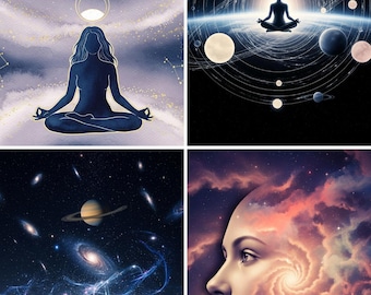 Cosmic Meditation Art Prints, Galaxy Yoga Decor (Set of 4) (Digital Download)