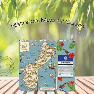Digitaler Download: Guam Map Skinny Tumble Sublimationsdesign | Fiesta Teller, Koko Vogel, Palmenblätter | Vorstellen&Gro
