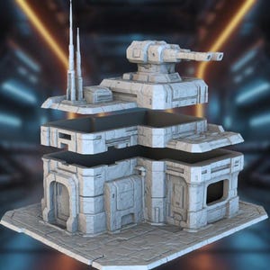 May include: A light gray, modular sci-fi building model with a detailed, textured surface. The model features a turret, antennas, and multiple levels, suggesting a futuristic military or industrial theme. The pieces are separated, showing the building's internal structure.