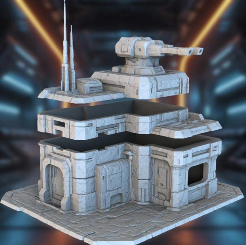 May include: A light gray, modular sci-fi building model with a detailed, textured surface. The model features a turret, antennas, and multiple levels, suggesting a futuristic military or industrial theme. The pieces are separated, showing the building's internal structure.