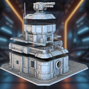 May include: A detailed, light gray model of a futuristic military structure. The model features multiple levels, a rotating turret with two barrels, and various architectural details. The design suggests a sci-fi or gaming theme.