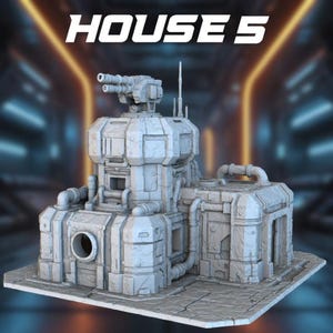 May include: A detailed, light gray model of a futuristic structure, featuring multiple levels, cylindrical and rectangular components, and a turret with two barrels. The text "HOUSE 5" is displayed above the structure.