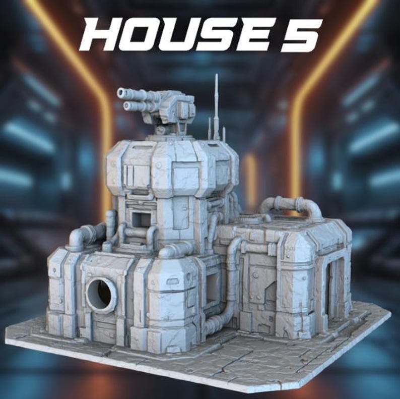 May include: A detailed, light gray model of a futuristic structure, featuring multiple levels, cylindrical and rectangular components, and a turret with two barrels. The text "HOUSE 5" is displayed above the structure.