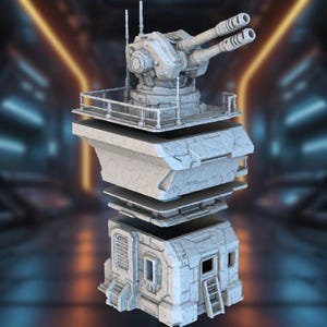 May include: A detailed, light gray model of a futuristic turret, featuring dual cannons, a radar array, and a multi-layered base. The base includes a small building with a ladder and windows, suggesting a sci-fi or military theme.