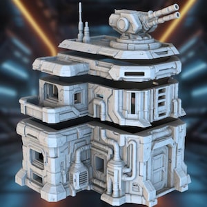 May include: A detailed, light gray, multi-level structure with a futuristic design. The building features a dual-barreled turret on top, along with various windows, pipes, and a ladder. The overall aesthetic suggests a sci-fi or military theme.